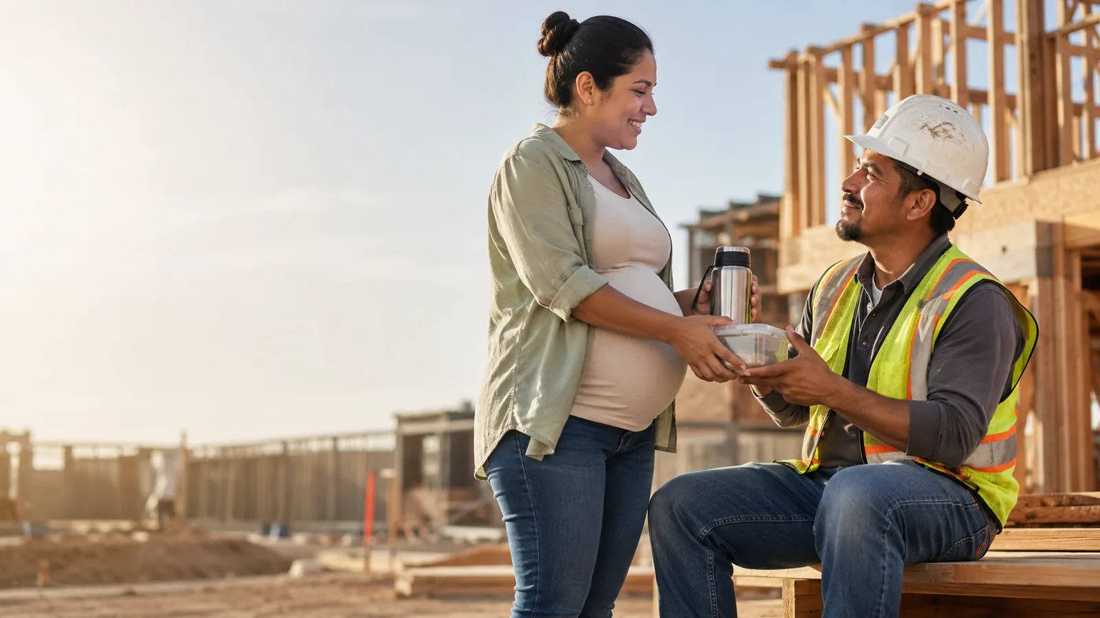An expecting couple sharing a moment at a job site