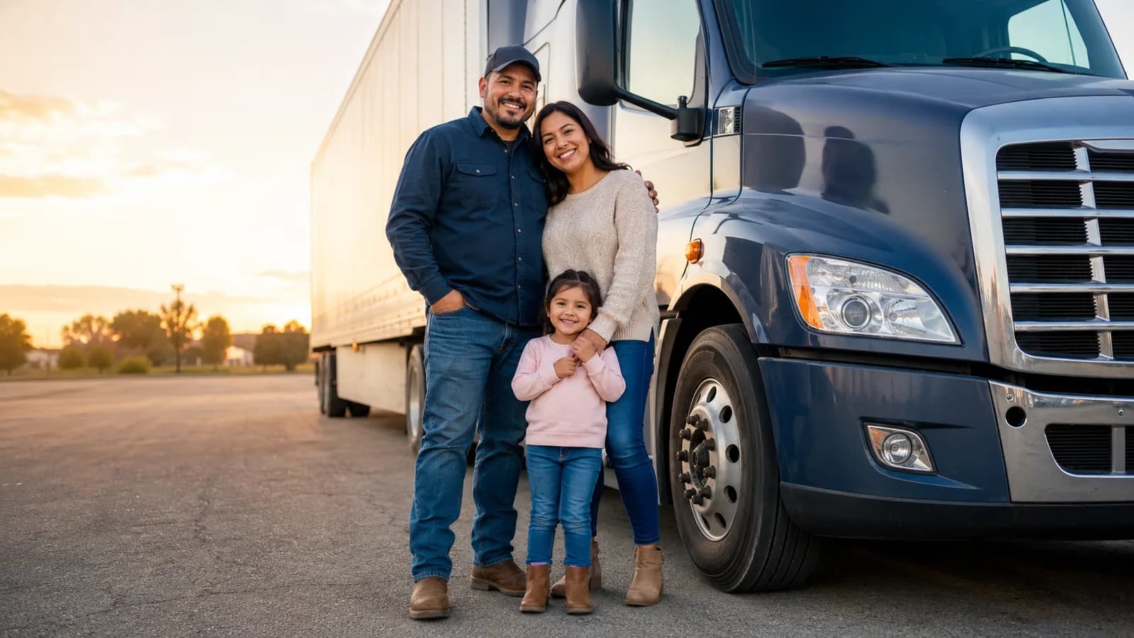 A young family standing together in front of a semi-truck