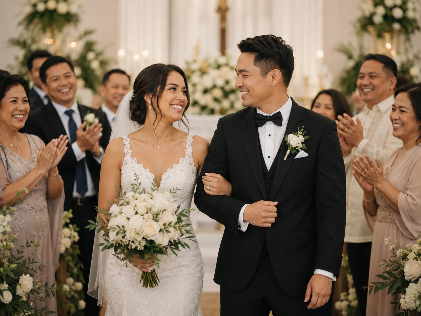 A newly married couple at their wedding, surrounded by family