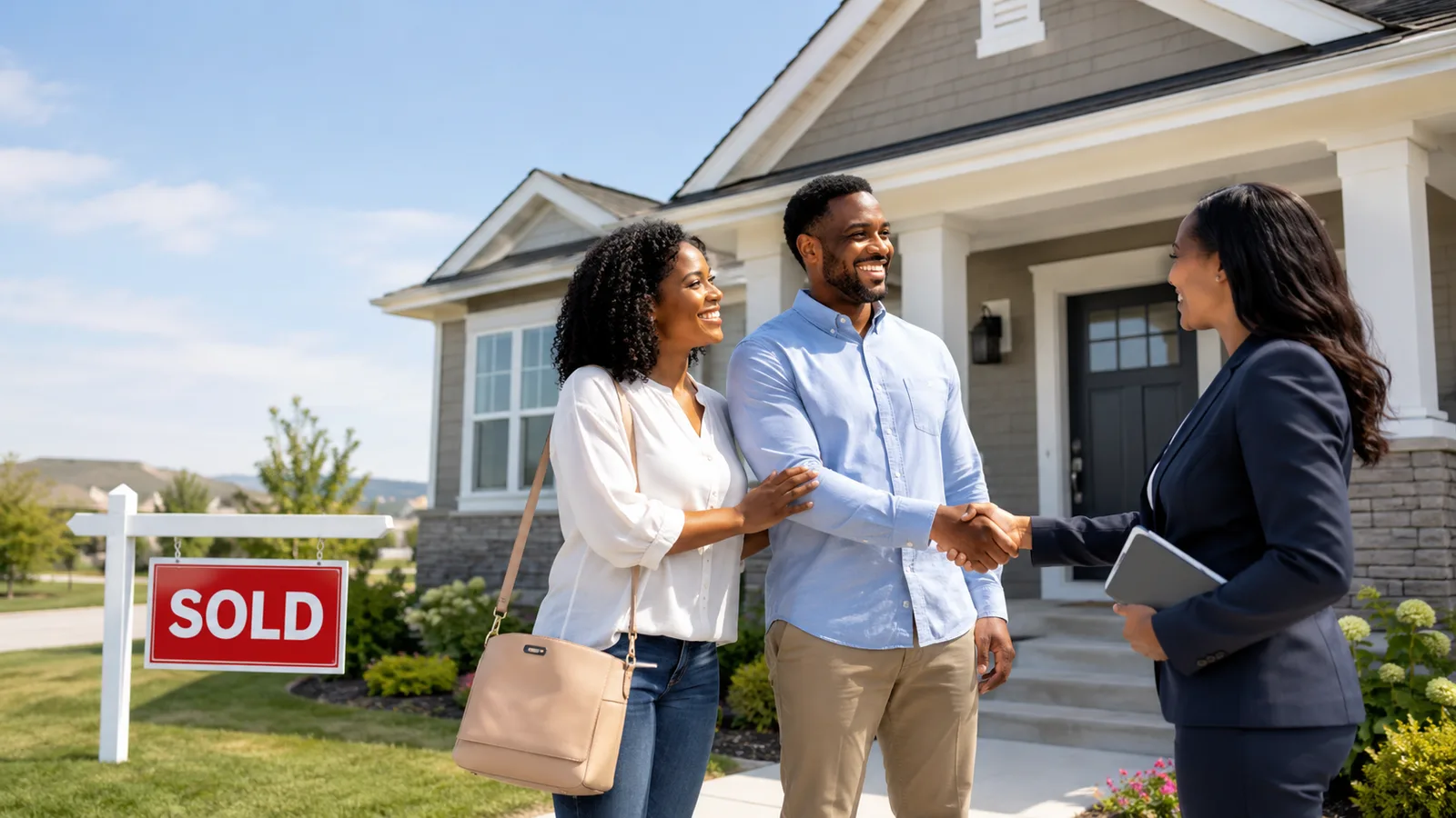 A couple meeting an agent in front of their newly purchased home